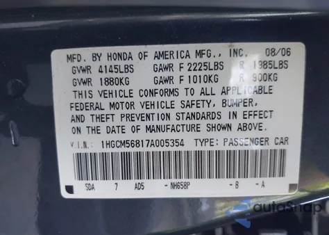 2007 Honda Accord Ex from USA, damaged, VIN 1HGCM56817A005354